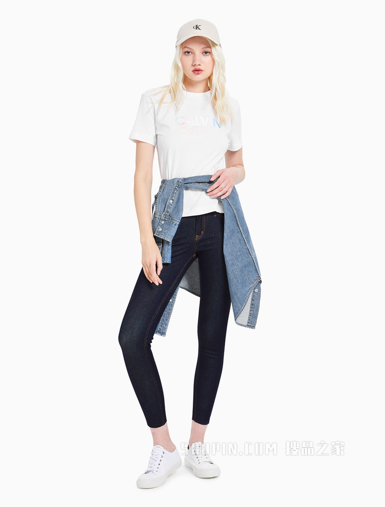 Calvin Klein 女装时尚低腰弹力毛边做旧修身牛仔裤J216032