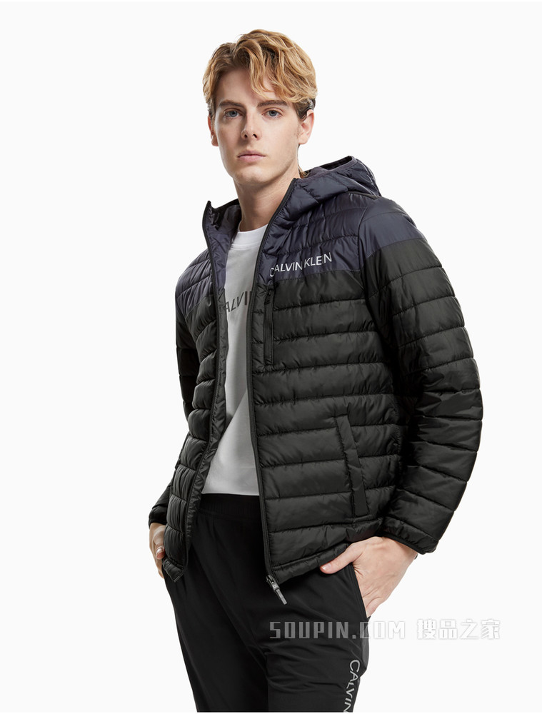 Calvin Klein 男装时尚连帽拉链前襟上下拼色绗缝外套4MF1O502