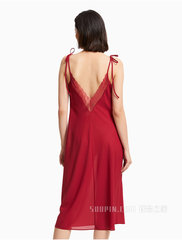 【黑标系列】Calvin Klein 女士新年红蕾丝深V吊带睡裙QS6740