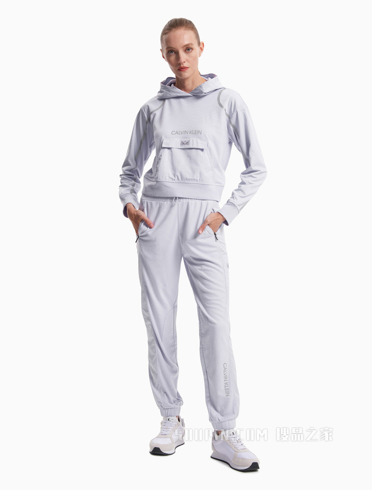 Calvin Klein 女装套头连帽反光LOGO及压条长袖运动卫衣4WF1W300