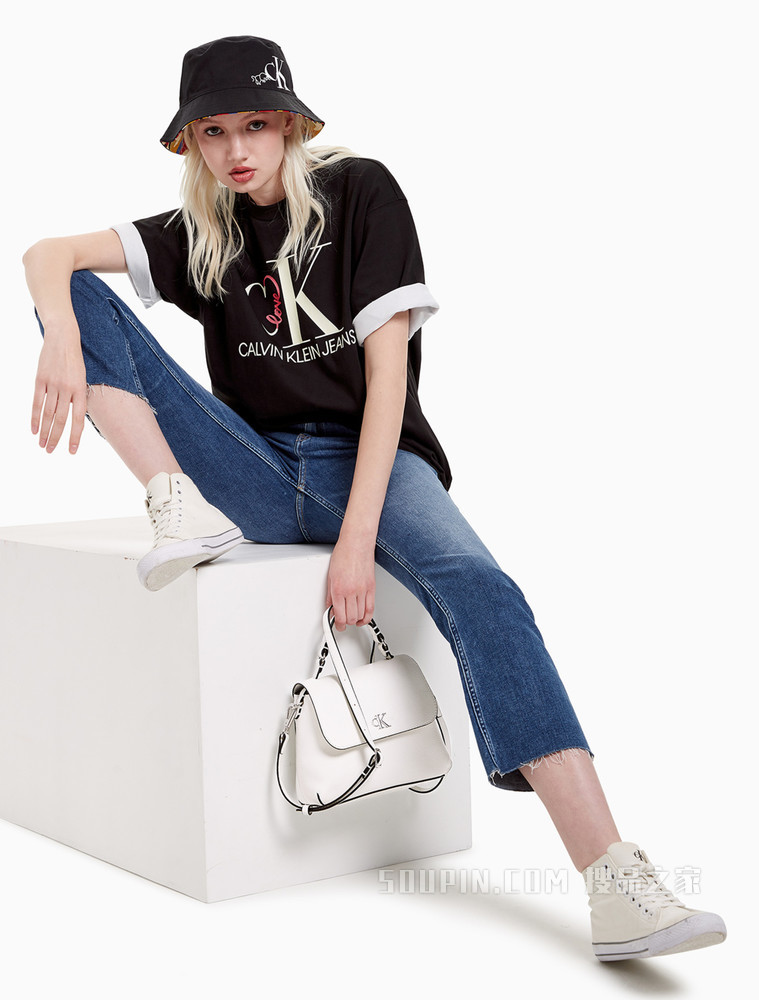 Calvin Klein女包金属LOGO织物宽肩带磁力按扣背提包DH2489