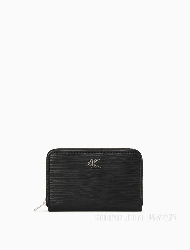 Calvin Klein 女包金属LOGO肌理感牛皮拉链短钱包DP1414