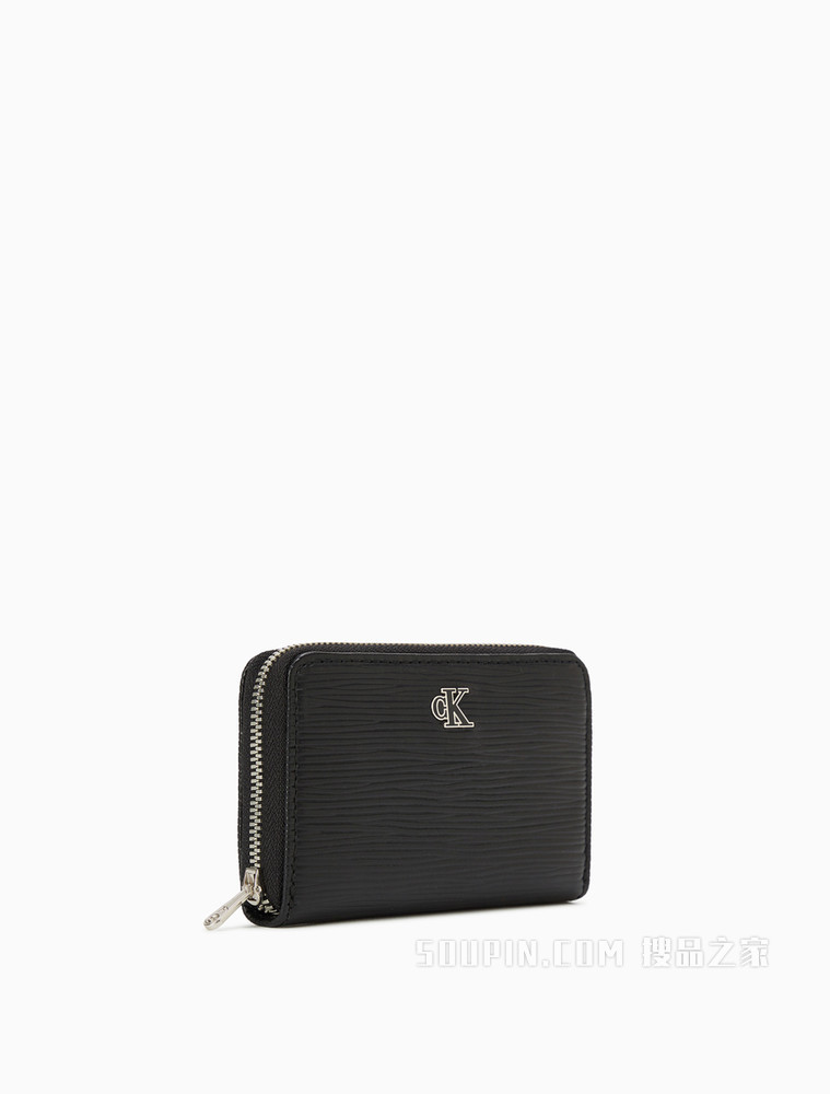 Calvin Klein 女包金属LOGO肌理感牛皮拉链短钱包DP1414