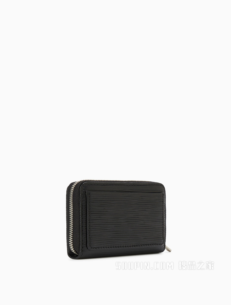 Calvin Klein 女包金属LOGO肌理感牛皮拉链短钱包DP1414