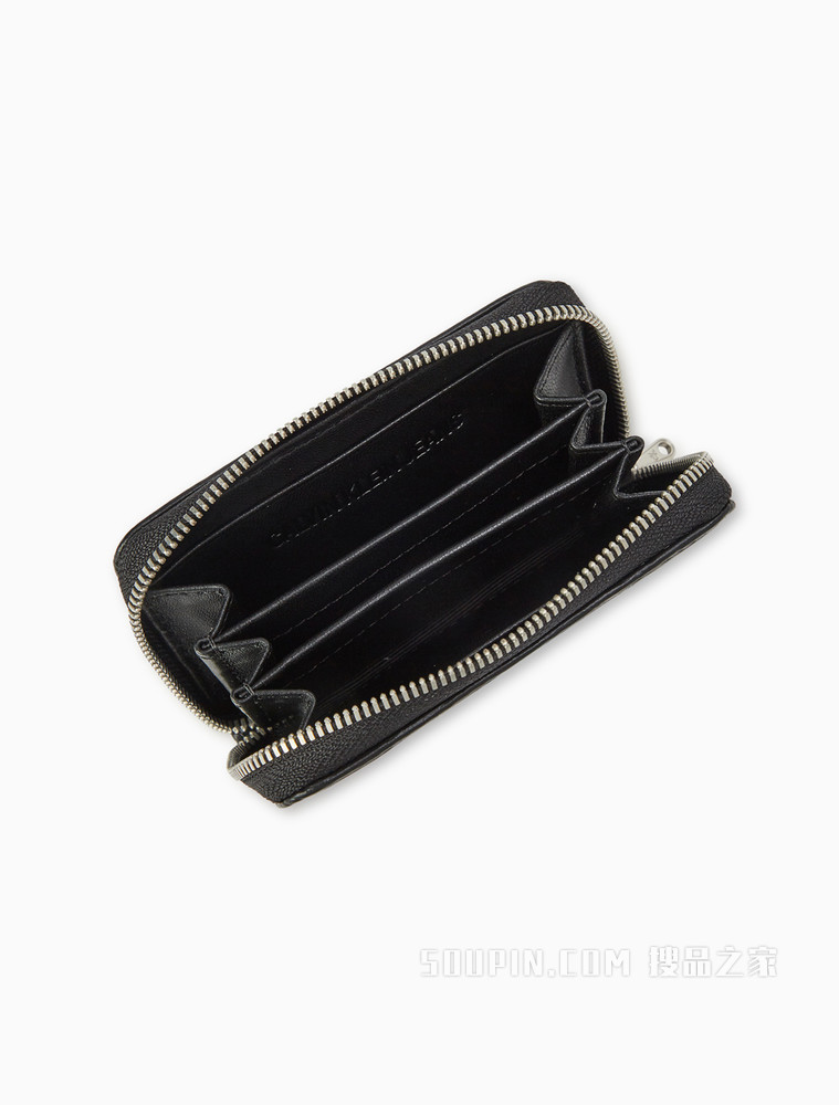 Calvin Klein 女包金属LOGO肌理感牛皮拉链短钱包DP1414