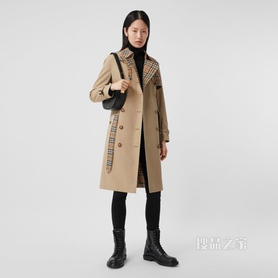 Vintage 格纹裁片棉质嘎巴甸 Trench 风衣 (蜜色) - 女士
