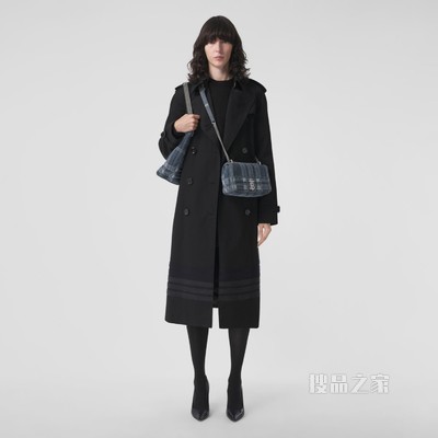 条纹装饰棉质嘎巴甸 Trench 风衣 (黑色) - 女士