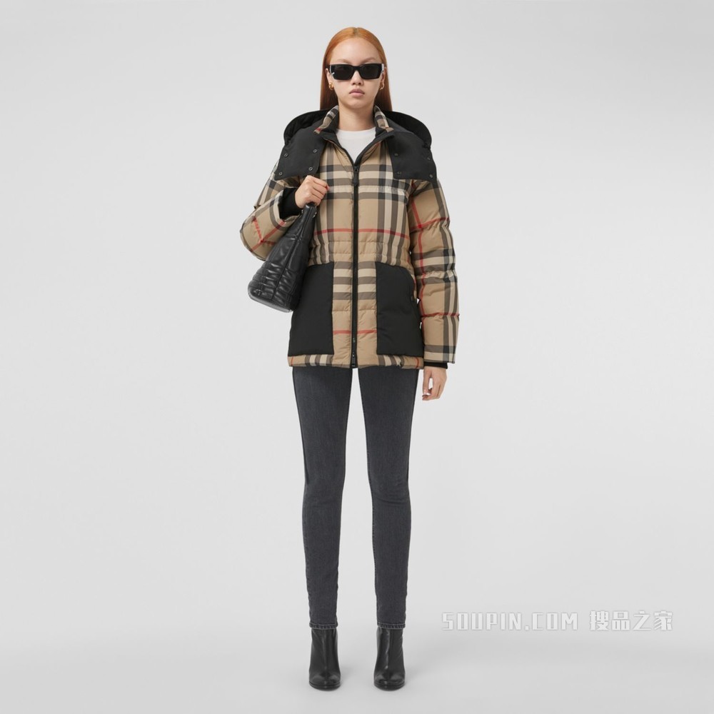 可拆式连帽格纹再生聚酯纤维羽绒服 (典藏米色) - 女士