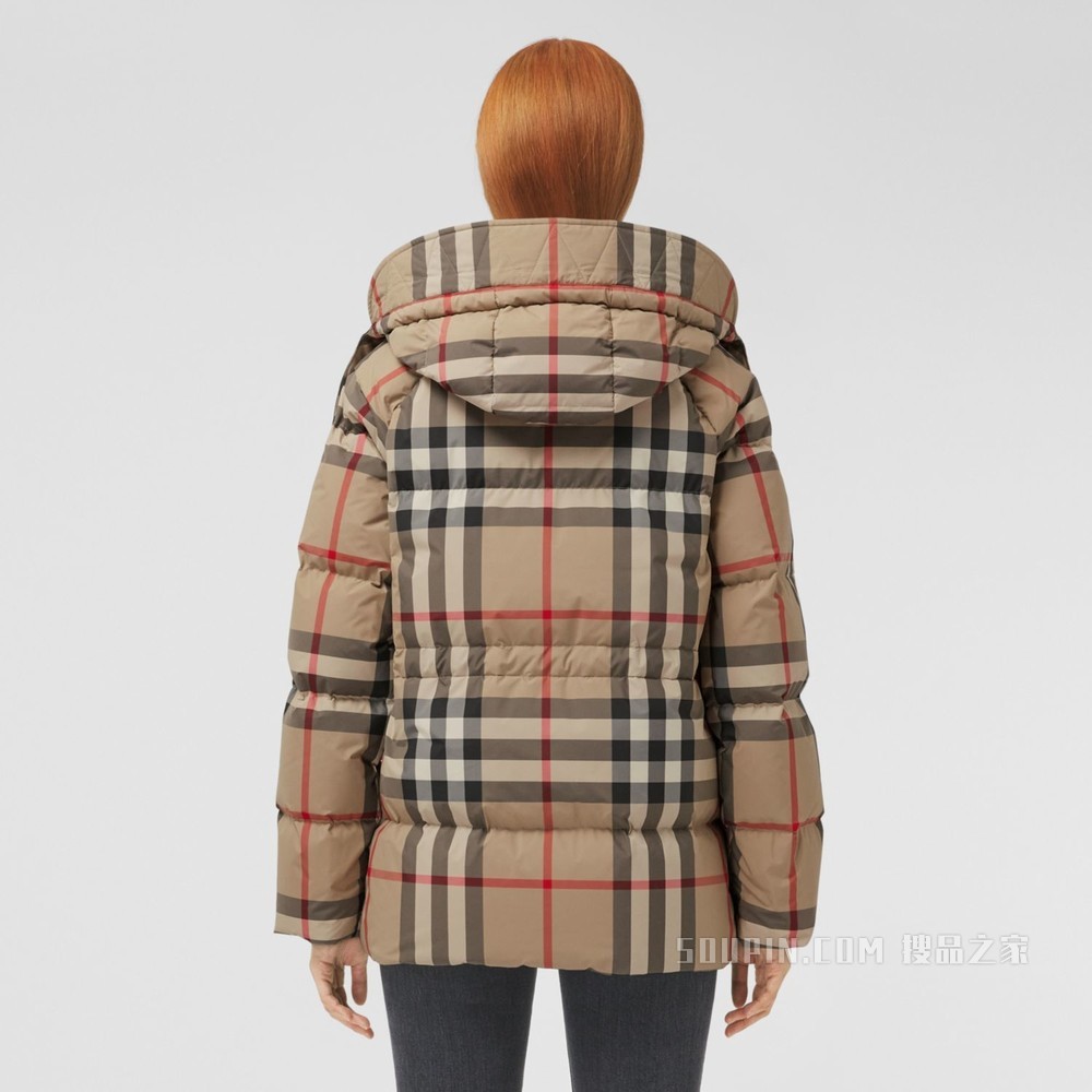 可拆式连帽格纹再生聚酯纤维羽绒服 (典藏米色) - 女士