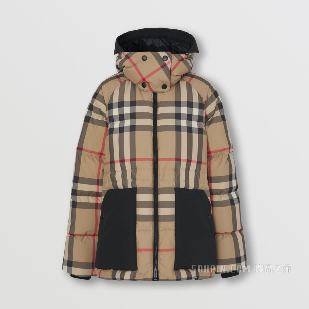 可拆式连帽格纹再生聚酯纤维羽绒服 (典藏米色) - 女士
