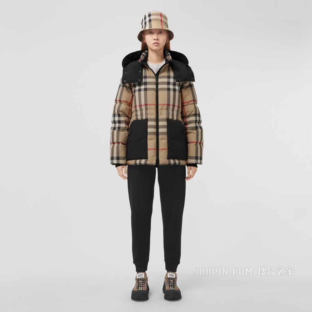 可拆式连帽格纹再生聚酯纤维羽绒服 (典藏米色) - 女士