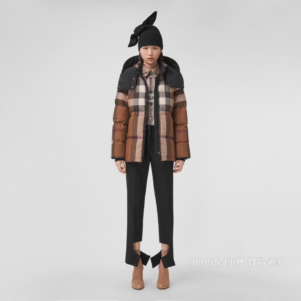 可拆式连帽格纹羽绒服 (深桦木棕) - 女士