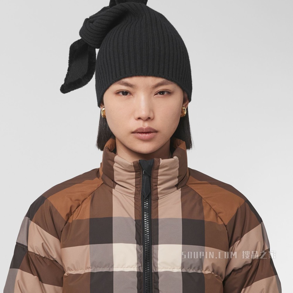 可拆式连帽格纹羽绒服 (深桦木棕) - 女士