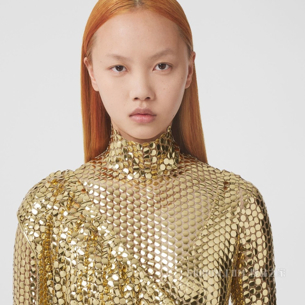 金属亮片缀饰网眼布不对称式连衣裙 (金色) - 女士