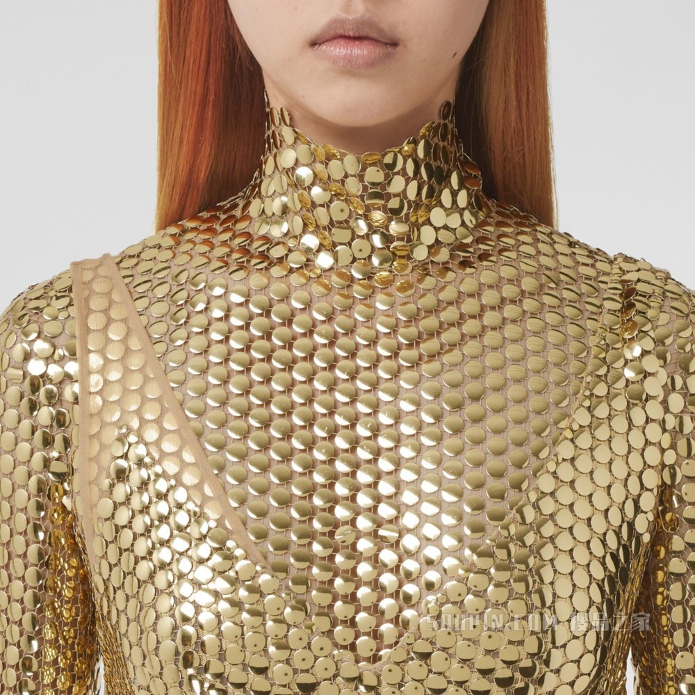 金属亮片缀饰网眼布不对称式连衣裙 (金色) - 女士