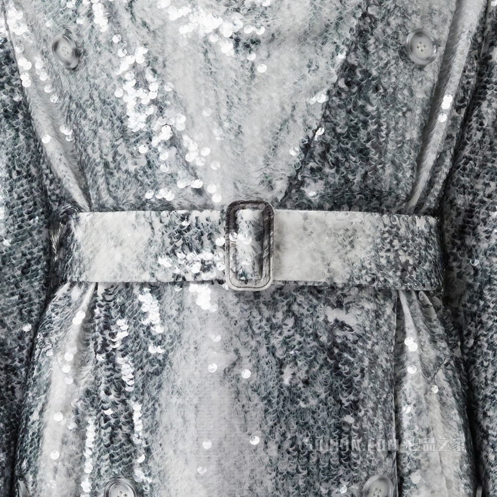 亮片装饰动物纹印花 V 领 Trench 连衣裙 (黑白) - 女士