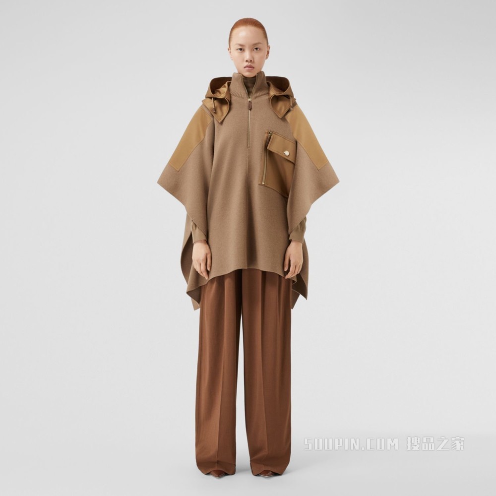 对比感裁片驼毛连帽披肩 (驼色) - 女士