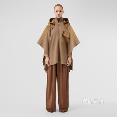 对比感裁片驼毛连帽披肩 (驼色) - 女士