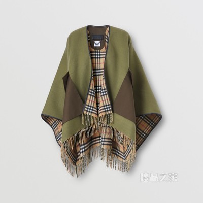 Reversible Vintage Check Wool Cashmere Cape (Fern Green)