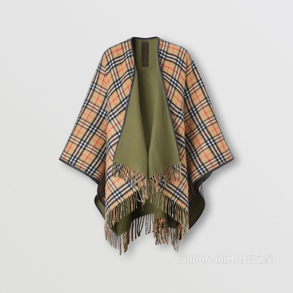 Reversible Vintage Check Wool Cashmere Cape (Fern Green)