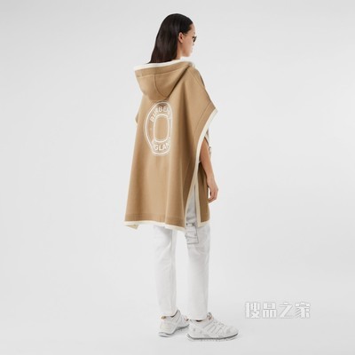徽标图案羊毛混纺提花连帽披肩 (典藏米色) - 女士