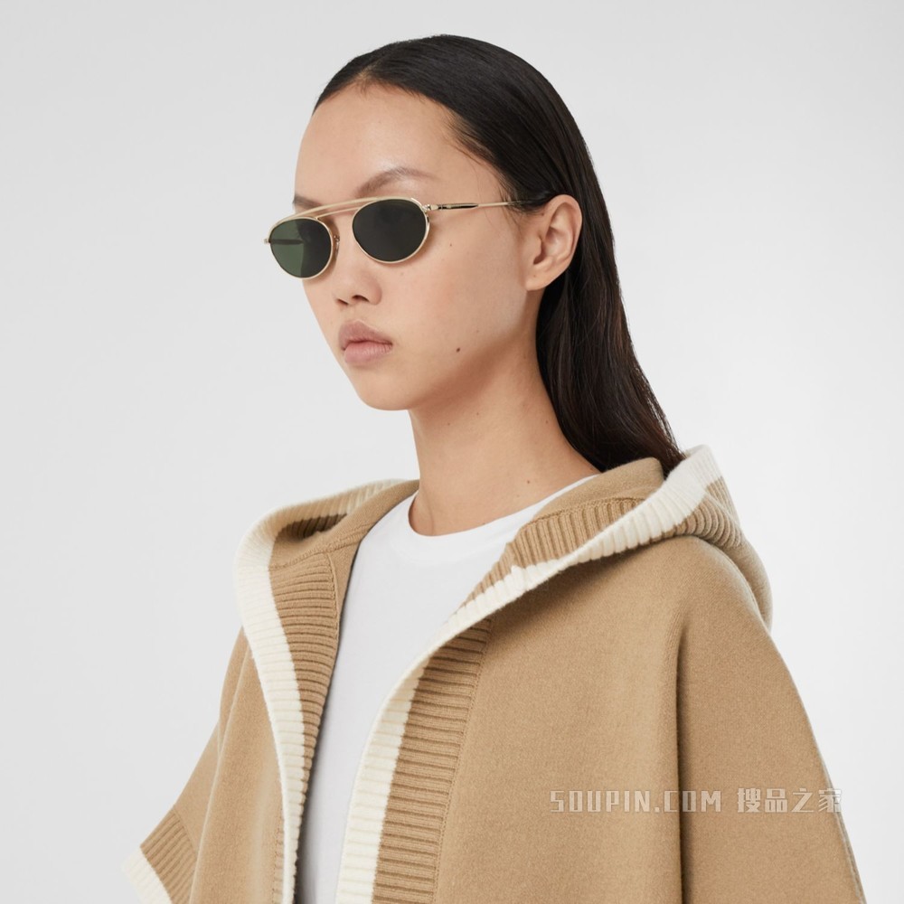 徽标图案羊毛混纺提花连帽披肩 (典藏米色) - 女士