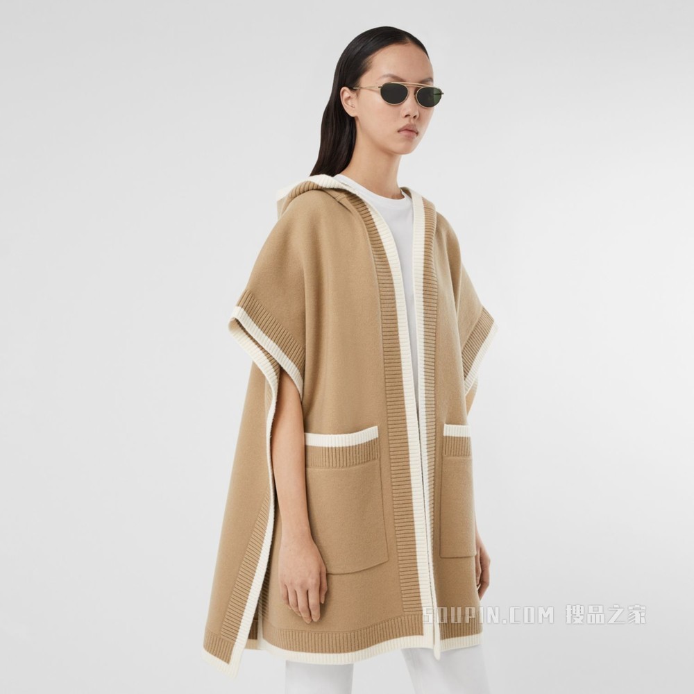 徽标图案羊毛混纺提花连帽披肩 (典藏米色) - 女士