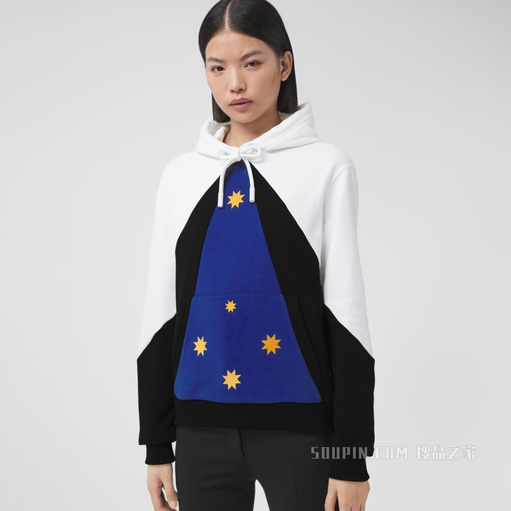 几何印花宽松棉质连帽衫 (海洋蓝) - 女士