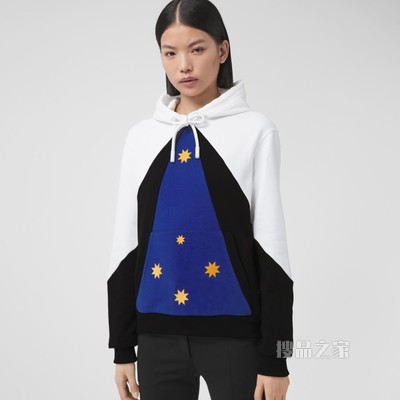 几何印花宽松棉质连帽衫 (海洋蓝) - 女士