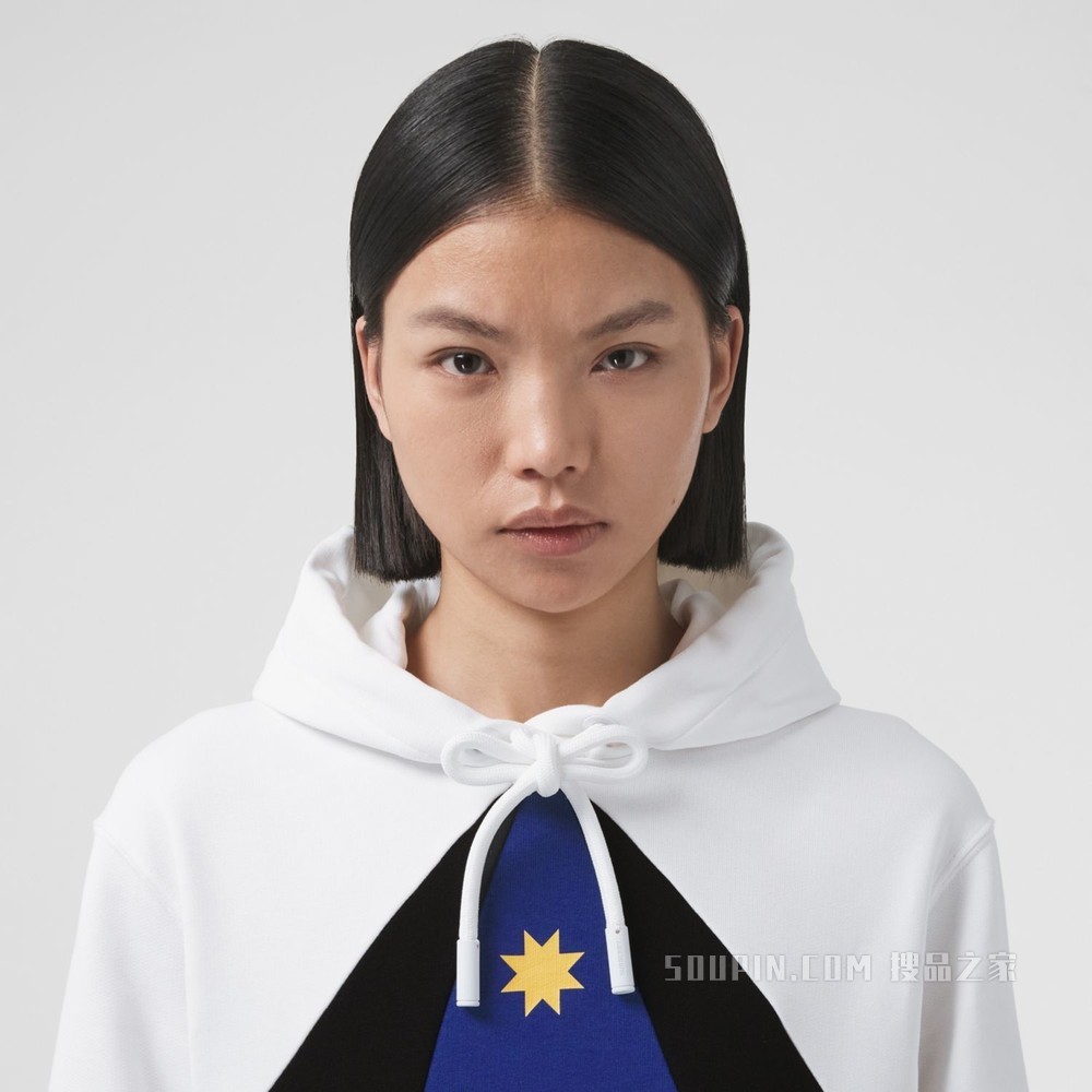 几何印花宽松棉质连帽衫 (海洋蓝) - 女士