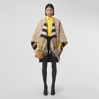 双面两穿专属标识羊毛混纺提花披肩 (典藏米色) - 女士