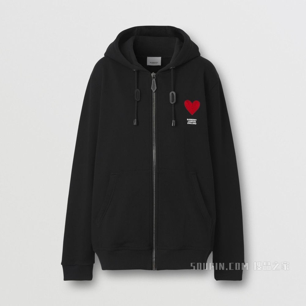 心形图案棉质连帽上衣（男女同款） (黑色)