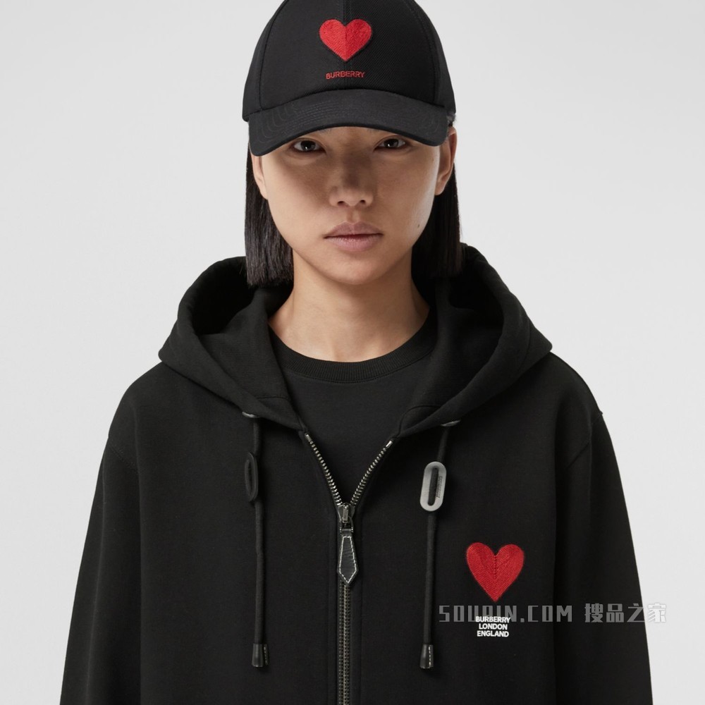 心形图案棉质连帽上衣（男女同款） (黑色)