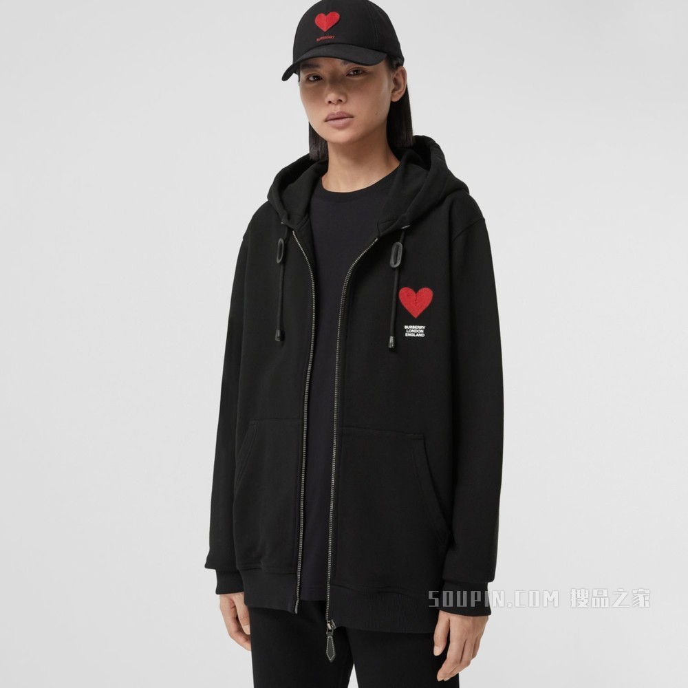 心形图案棉质连帽上衣（男女同款） (黑色)
