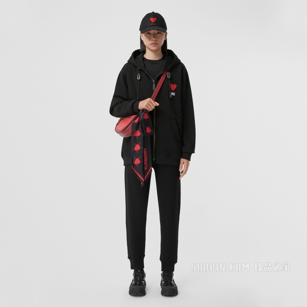 心形图案棉质连帽上衣（男女同款） (黑色)