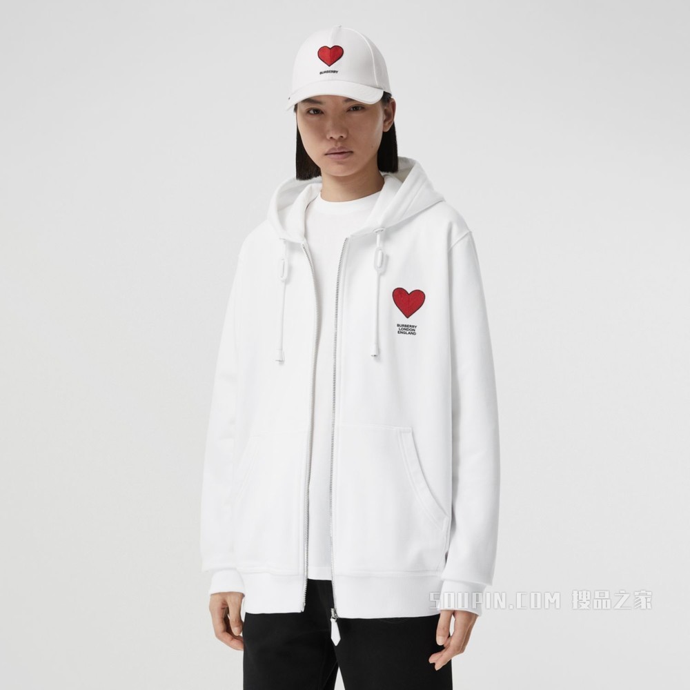 心形图案棉质连帽上衣（男女同款） (白色)