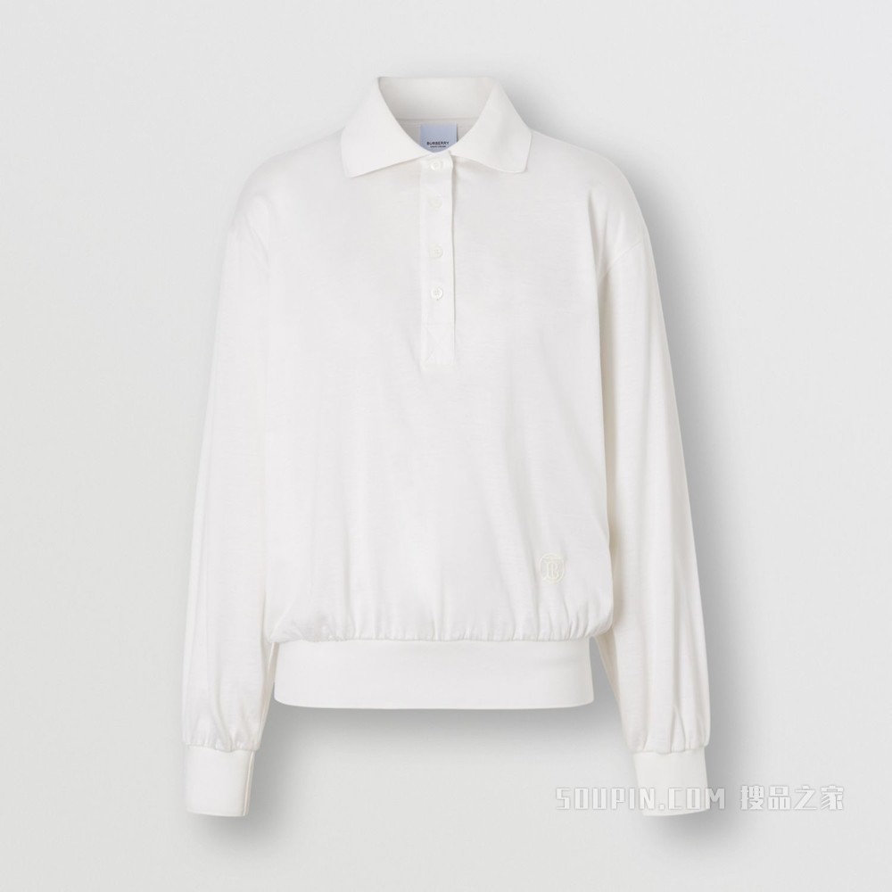 专属标识图案丝棉混纺长袖 Polo 衫 (象牙色) - 女士