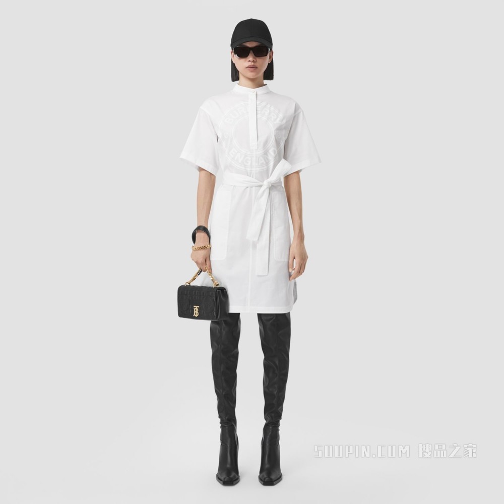 徽标图案棉质罩衫式短袖连衣裙 (光白色) - 女士