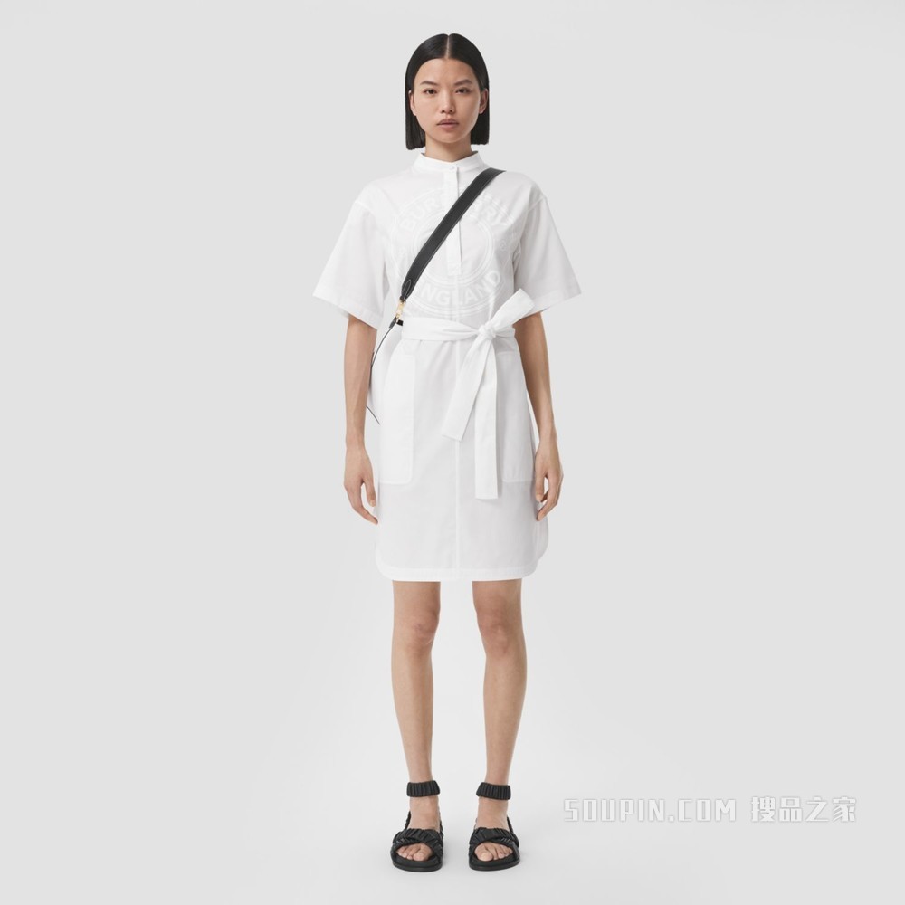 徽标图案棉质罩衫式短袖连衣裙 (光白色) - 女士