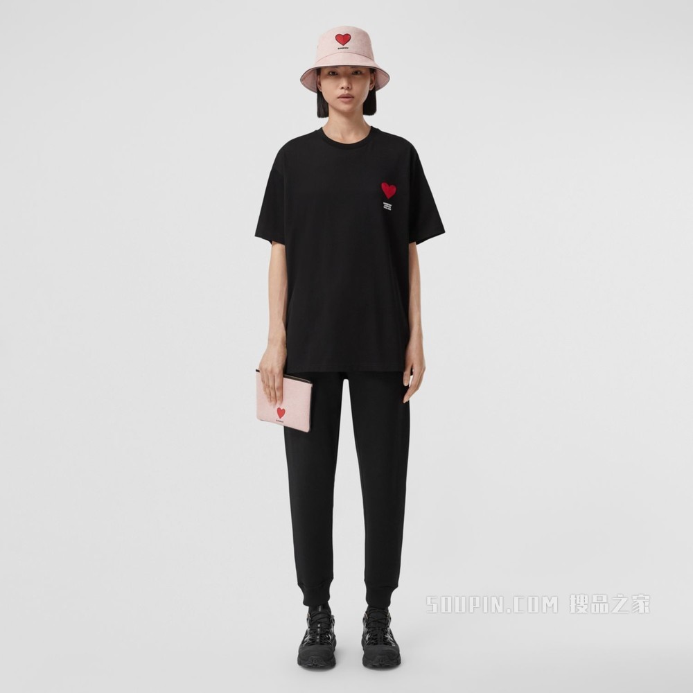 心形图案棉质 T 恤衫（男女同款） (黑色)