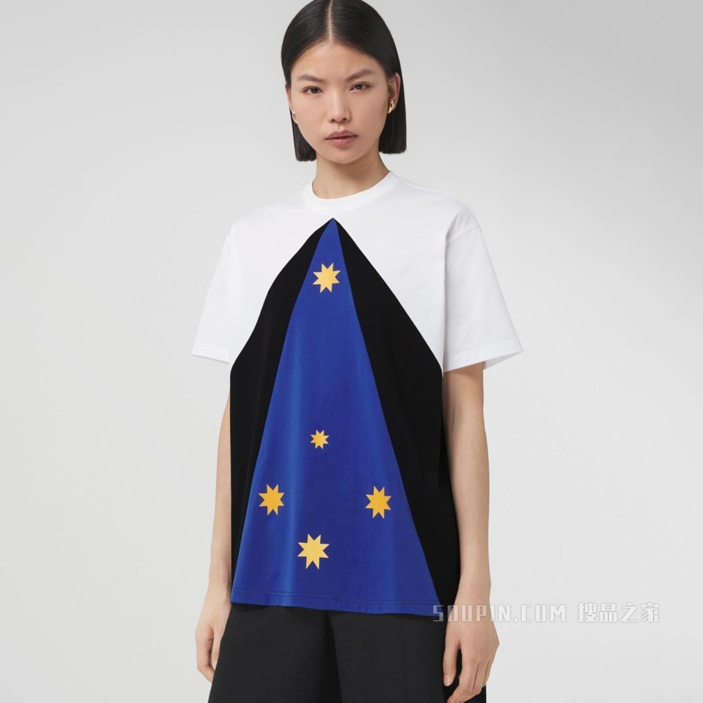 几何印花宽松棉质 T 恤衫 (海洋蓝) - 女士