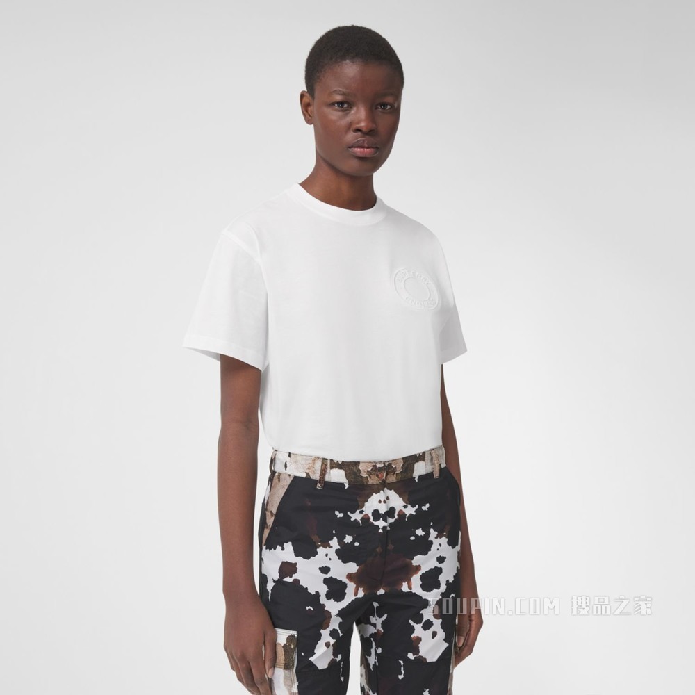 徽标图案棉质宽松 T 恤衫 (白色) - 女士