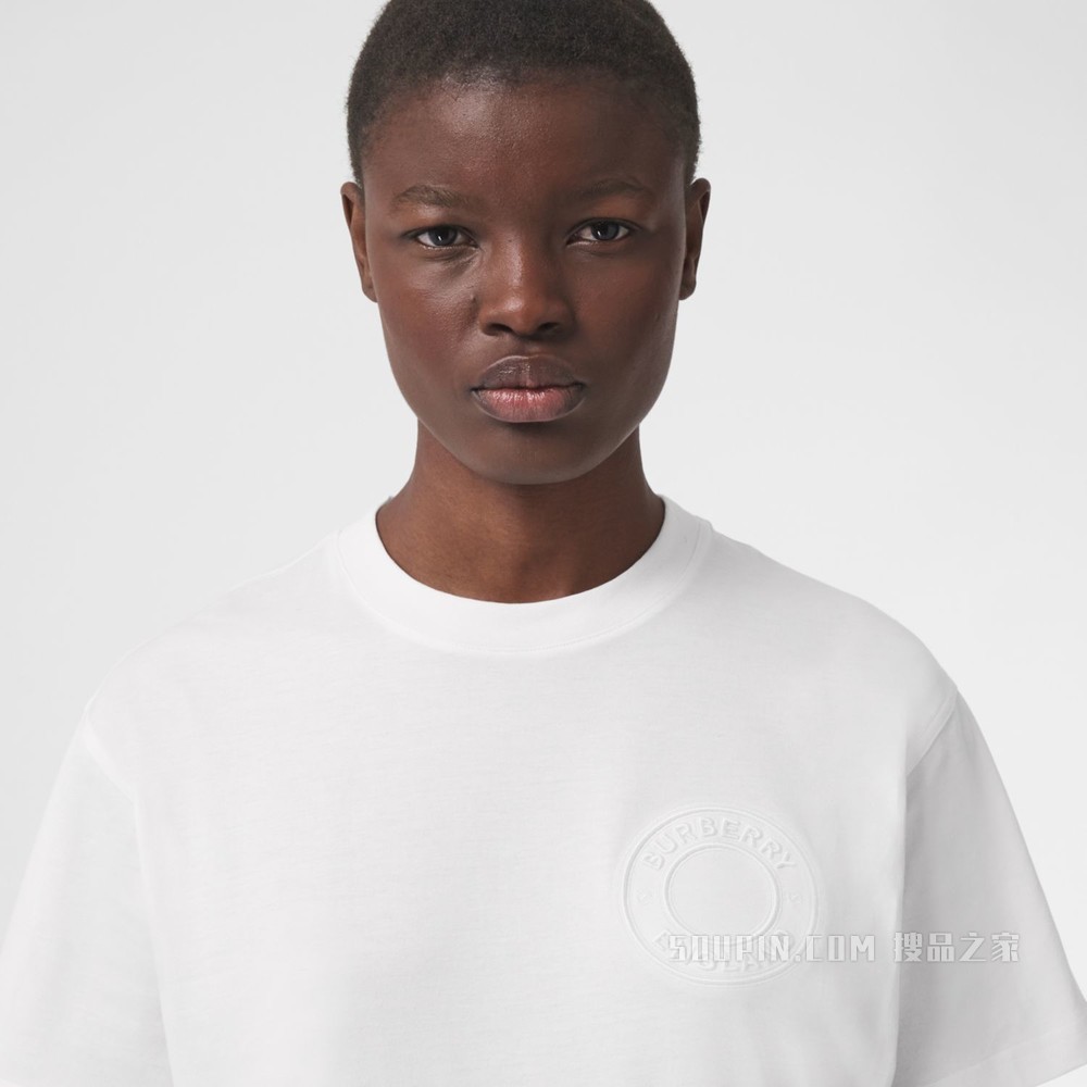 徽标图案棉质宽松 T 恤衫 (白色) - 女士