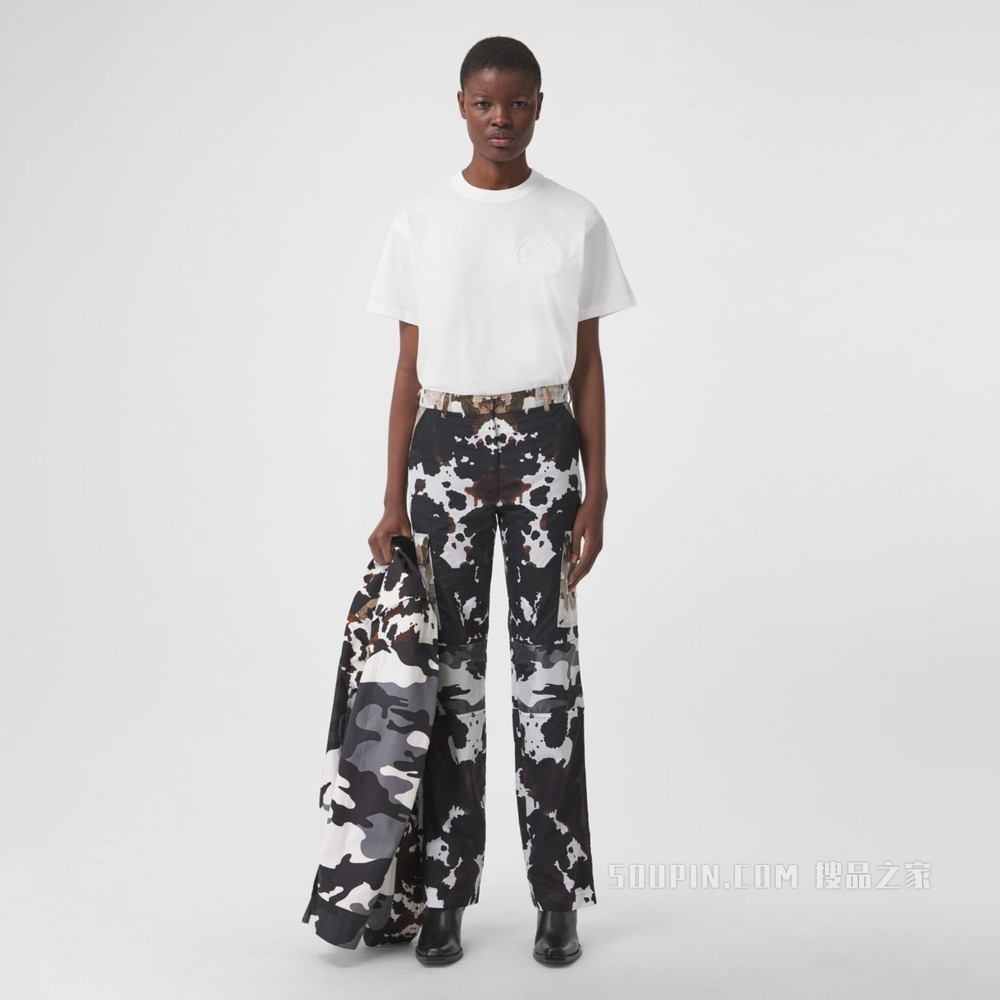 徽标图案棉质宽松 T 恤衫 (白色) - 女士