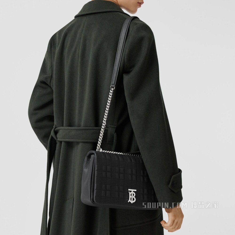 Lola – 中号绗缝粒纹皮革萝纳包 (黑色 / 钯金色) - 女士