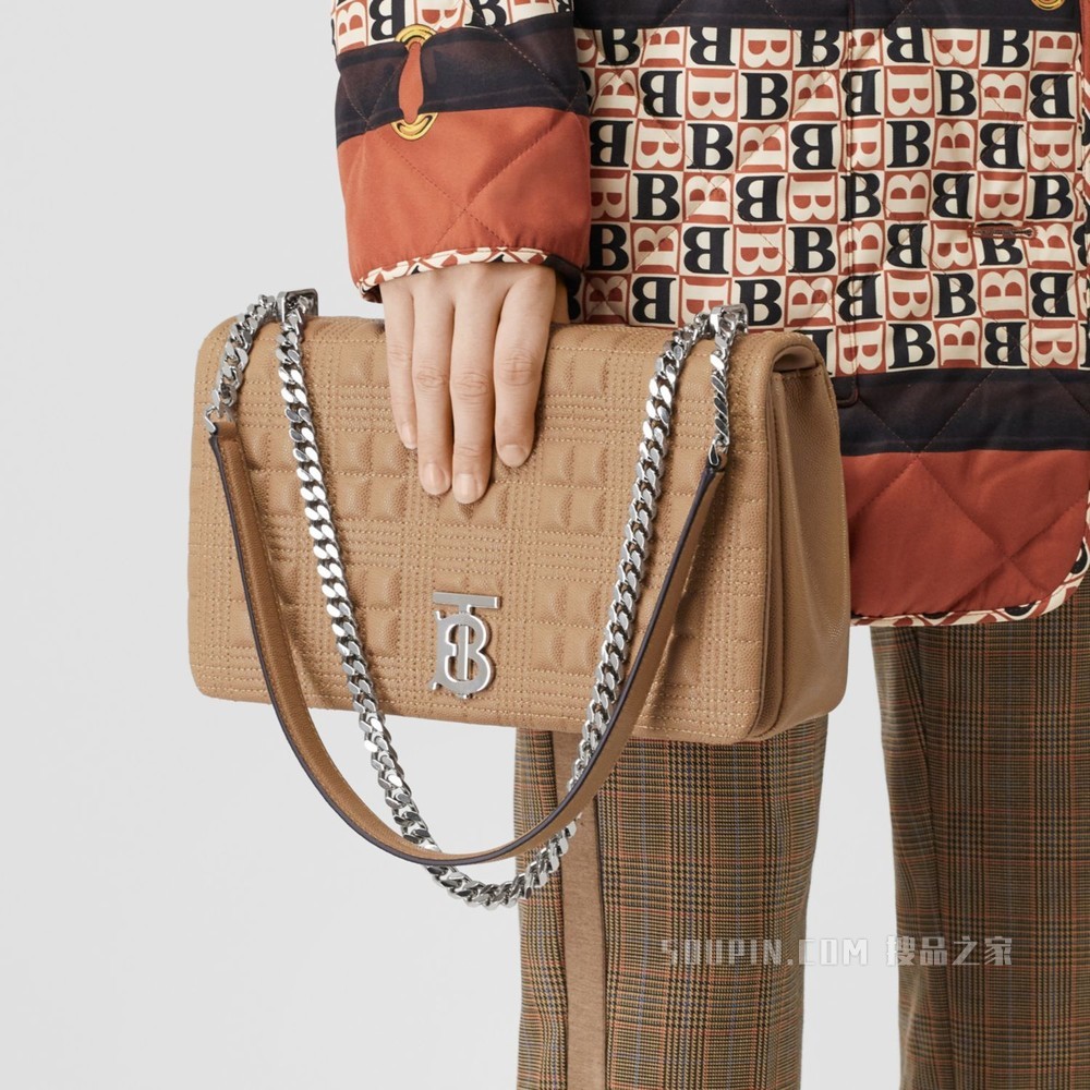 Lola – 中号绗缝粒纹皮革萝纳包 (驼色 / 钯金色) - 女士