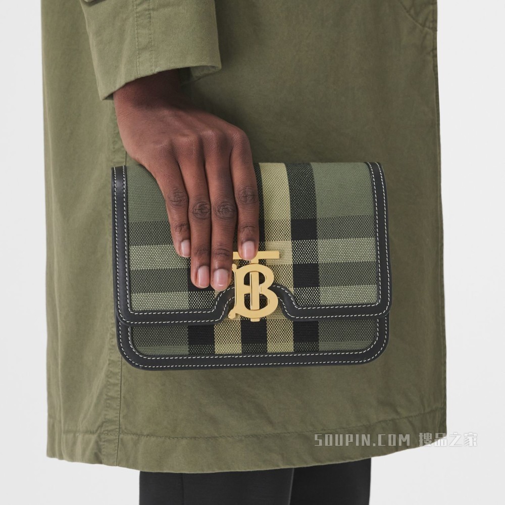 TB 小号格纹帆布拼皮革专属标识锁扣包 (军绿色) - 女士