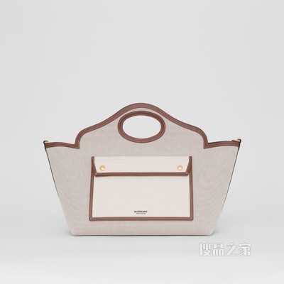 小号双色帆布拼皮革柔软口袋托特包 (柔黄褐色 / 淡灰黄褐色) - 女士