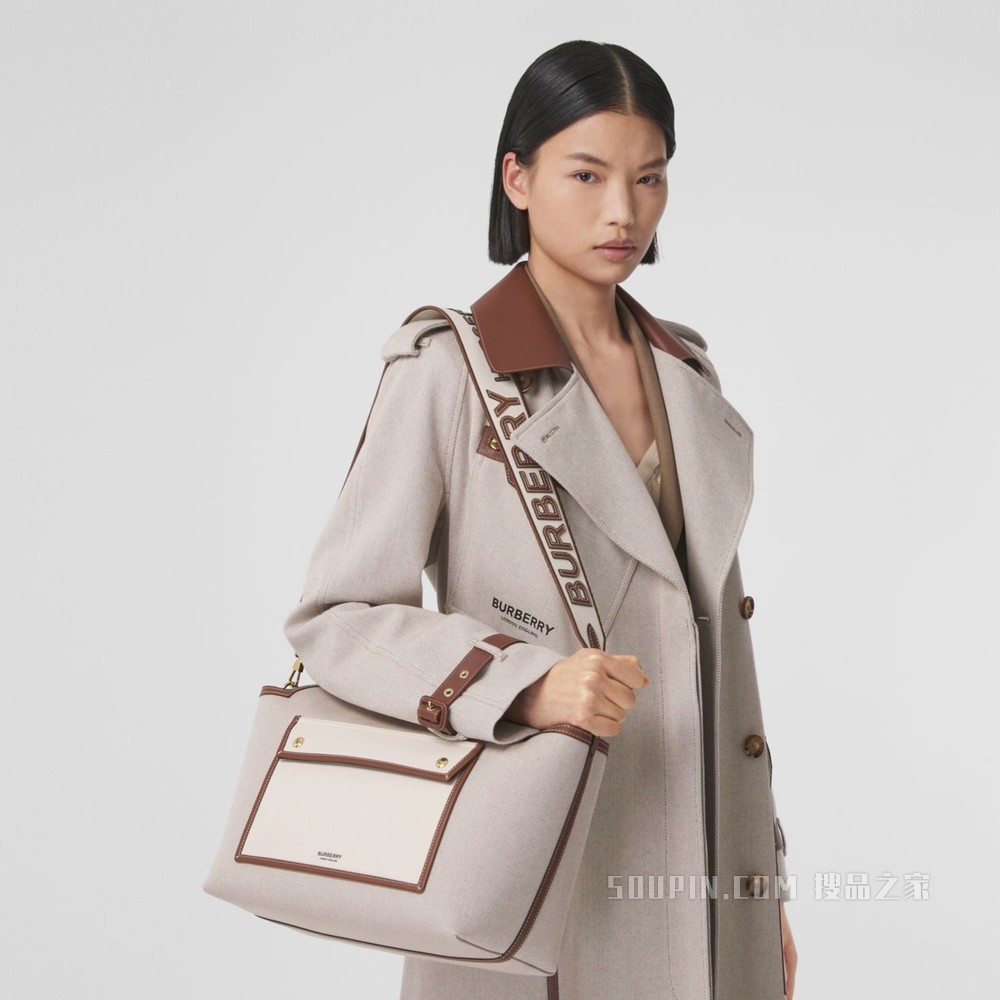 小号双色帆布拼皮革柔软口袋托特包 (柔黄褐色 / 淡灰黄褐色) - 女士