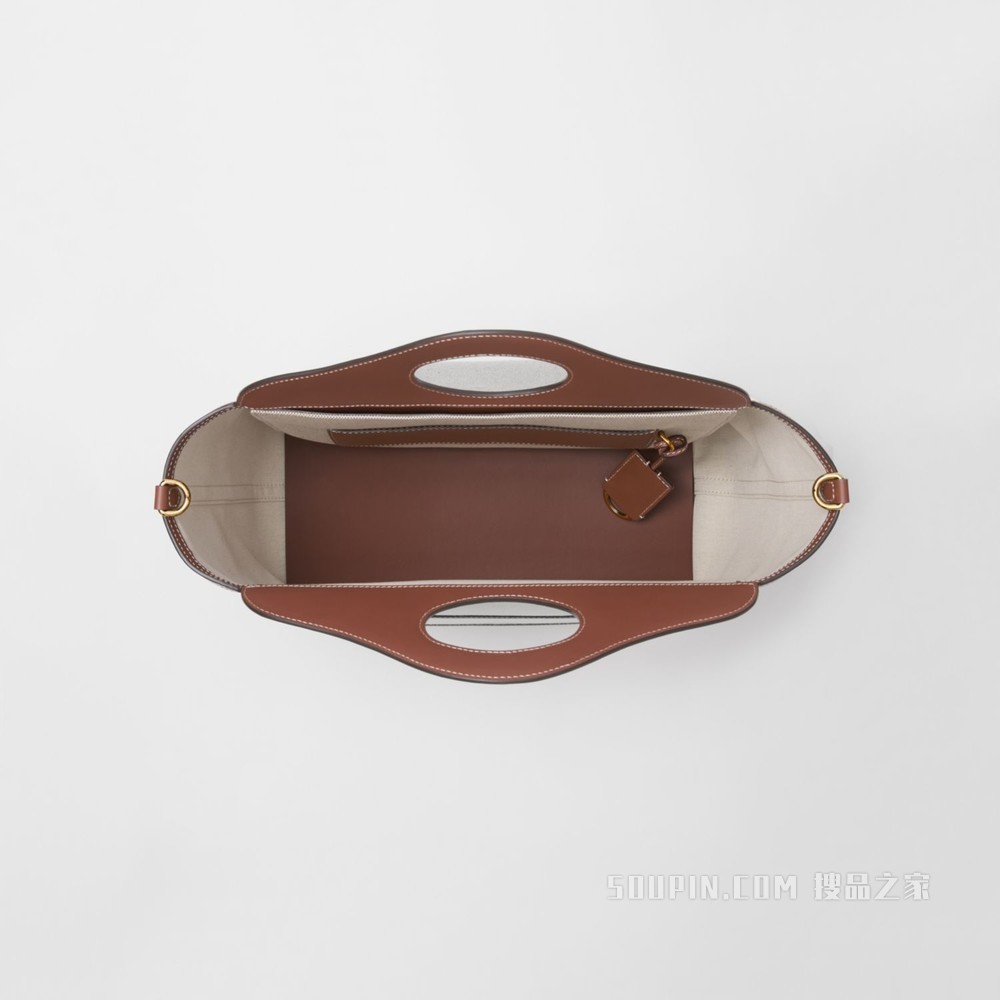 小号双色帆布拼皮革柔软口袋托特包 (柔黄褐色 / 淡灰黄褐色) - 女士